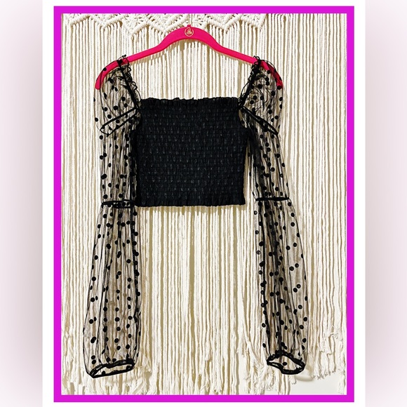 SHEIN Tops - SHEIN Sz Small Black Dobby Mesh Sleeve Crop Top EUC